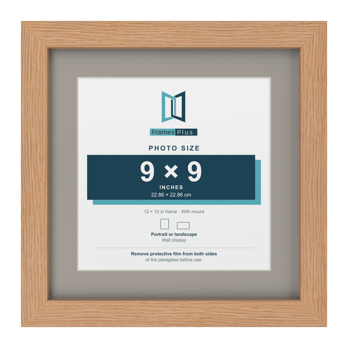 Oak 12 x 12 inch picture frame with a Dawn Grey mount for a 9 x 9 inch photo
