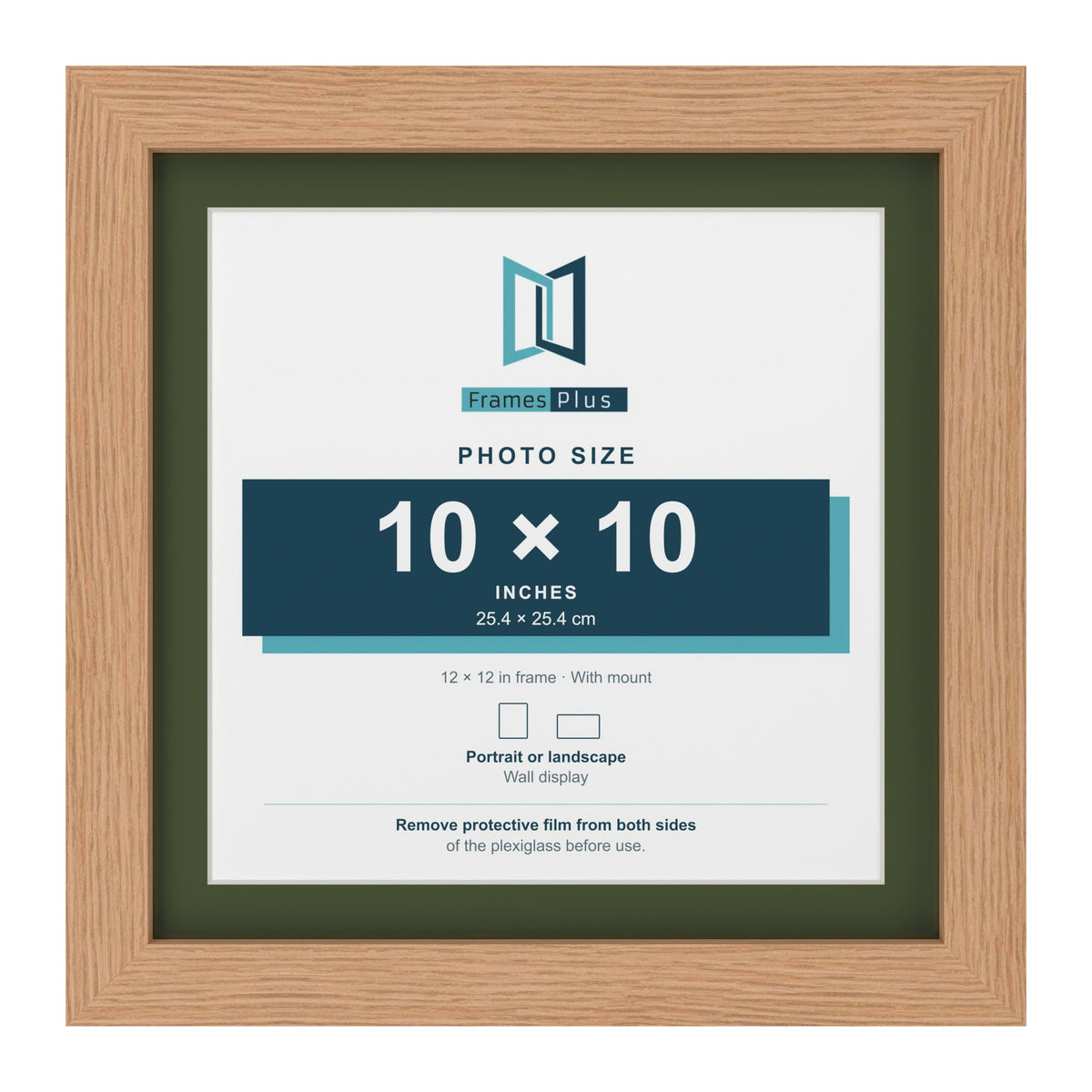 Oak 12 x 12 inch picture frame with a green mount for a 10 x 10 inch photo