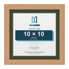 Oak 12 x 12 inch picture frame with a green mount for a 10 x 10 inch photo