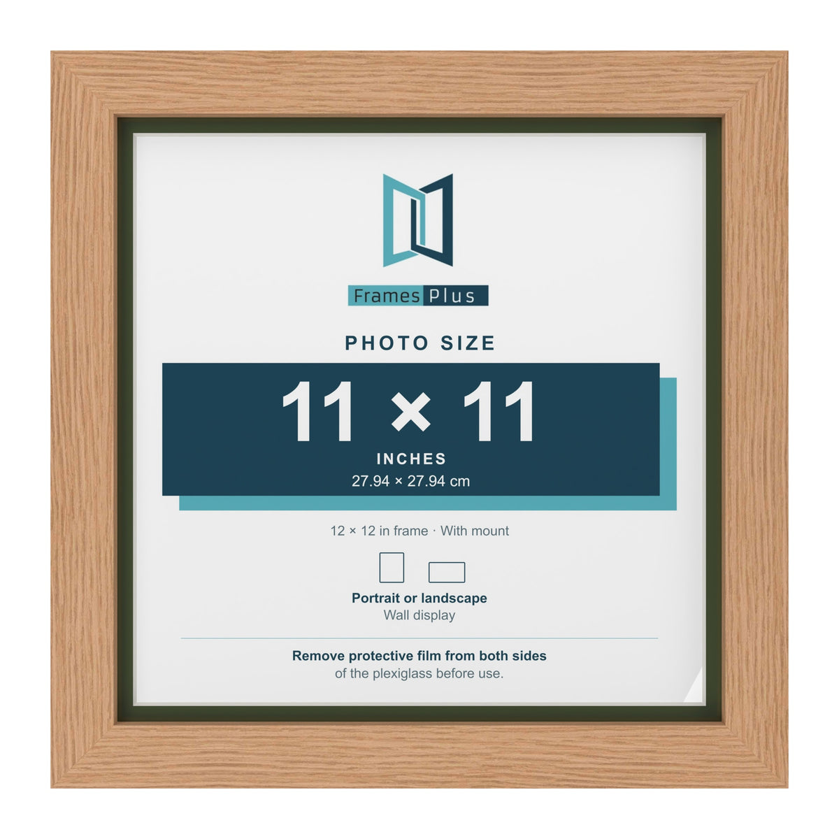 Oak 12 x 12 inch picture frame with a green mount for an 11 x 11 inch photo