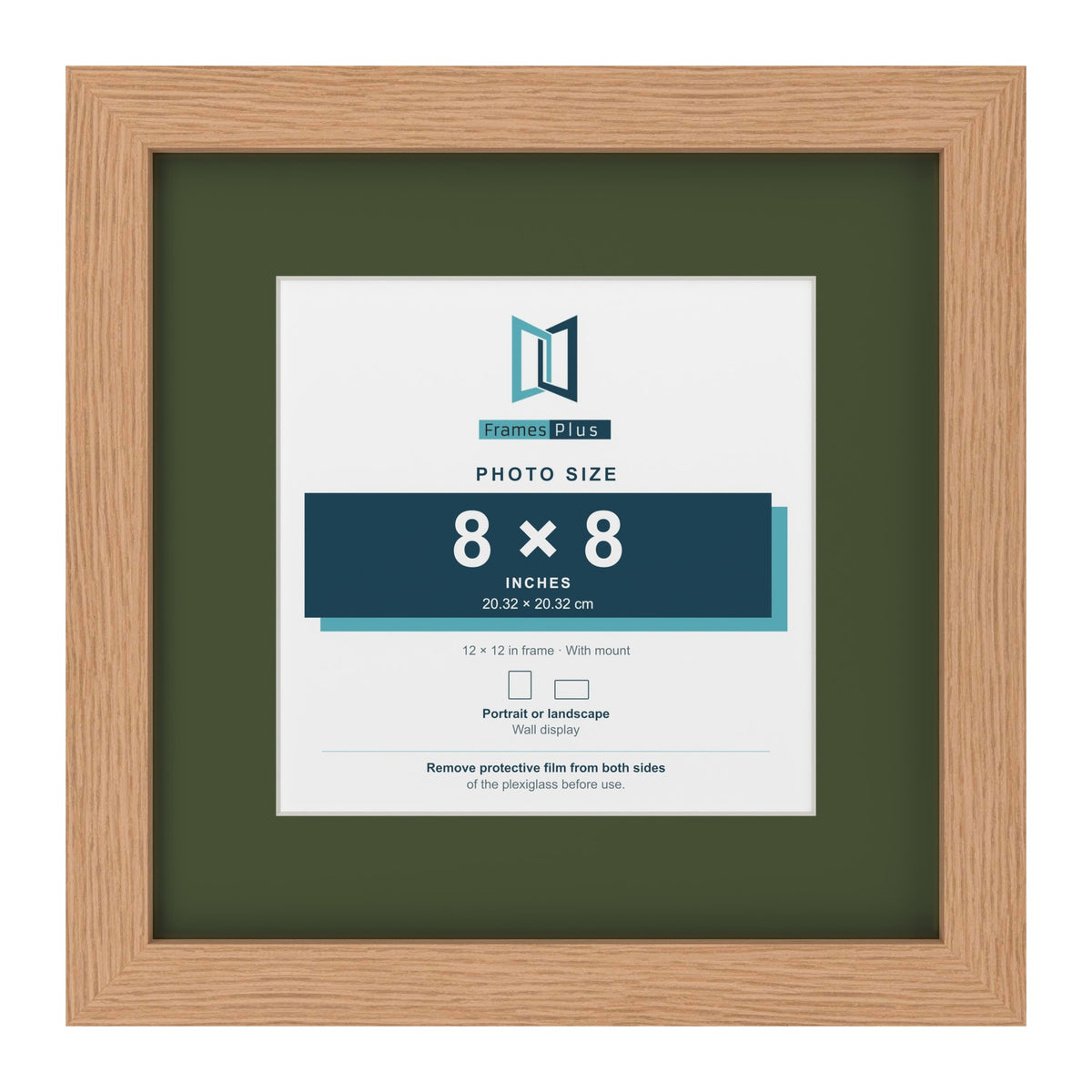 Oak 12 x 12 inch picture frame with a green mount for an 8 x 8 inch photo