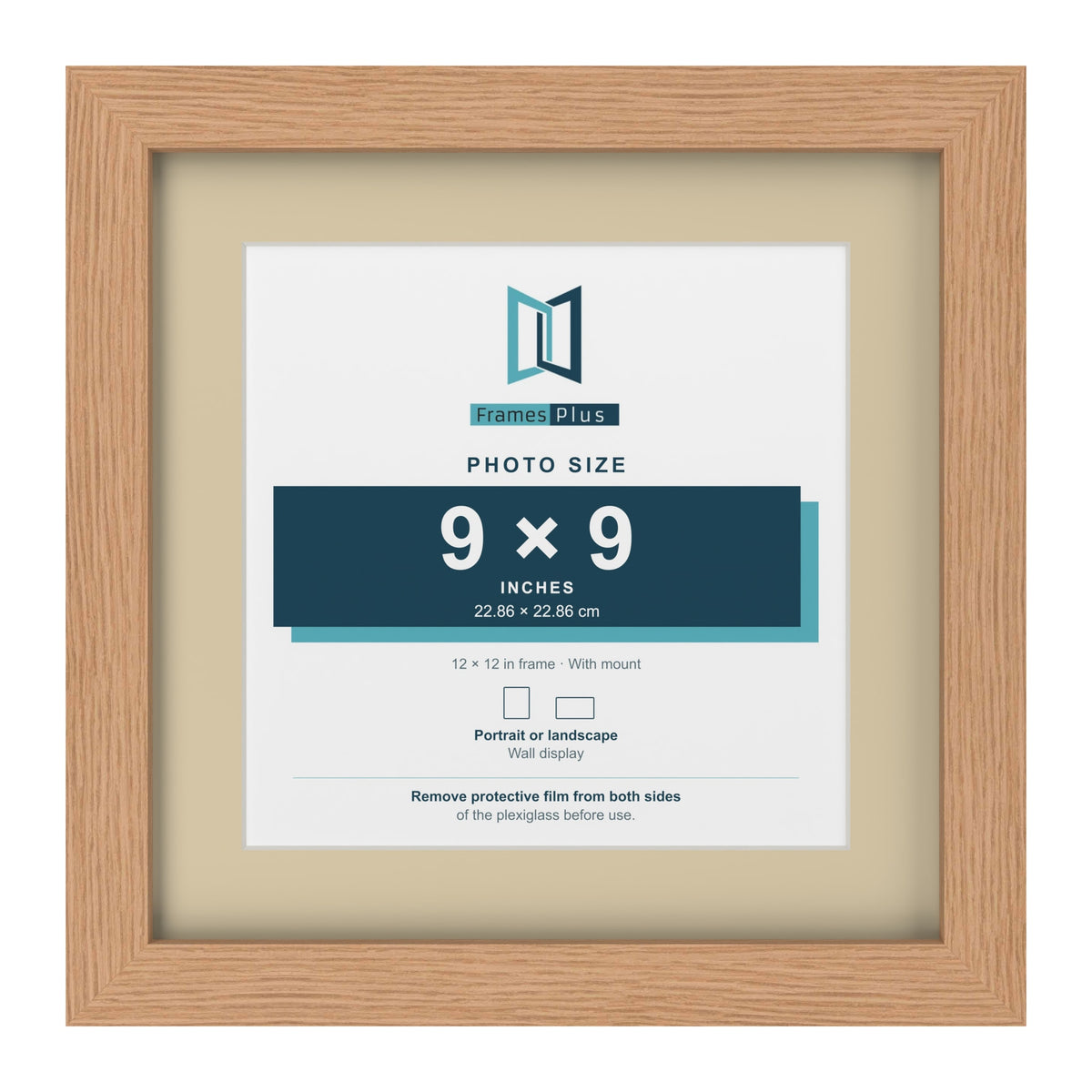 Oak 12 x 12 inch picture frame with an ivory mount for a 9 x 9 inch photo