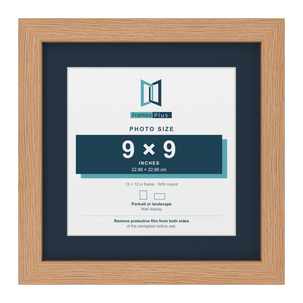 Oak 12 x 12 inch picture frame with a Pacific Blue mount for a 9 x 9 inch photo