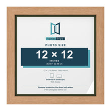 Oak 13 x 13 inch picture frame with a green mount for a 12 x 12 inch photo