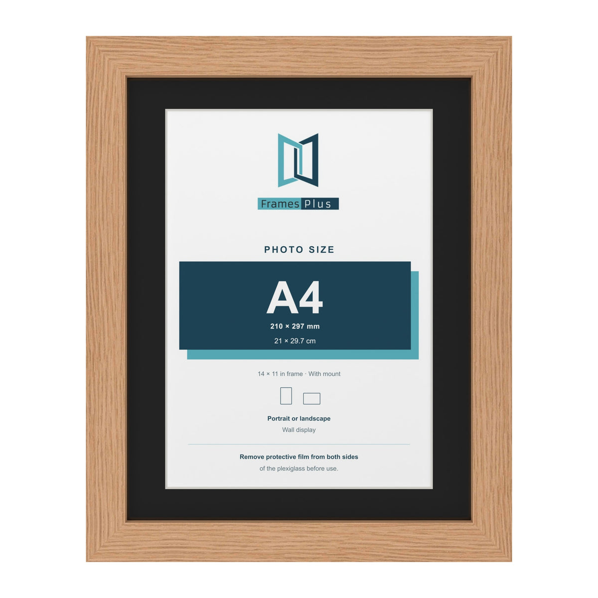 Oak 14 x 11 inch picture frame with a black mount for an A4 photo