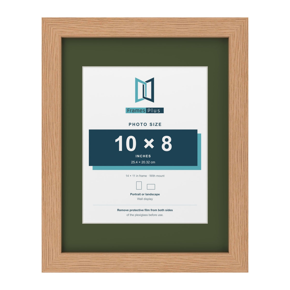 Oak 14 x 11 inch picture frame with a green mount for a 10 x 8 inch photo