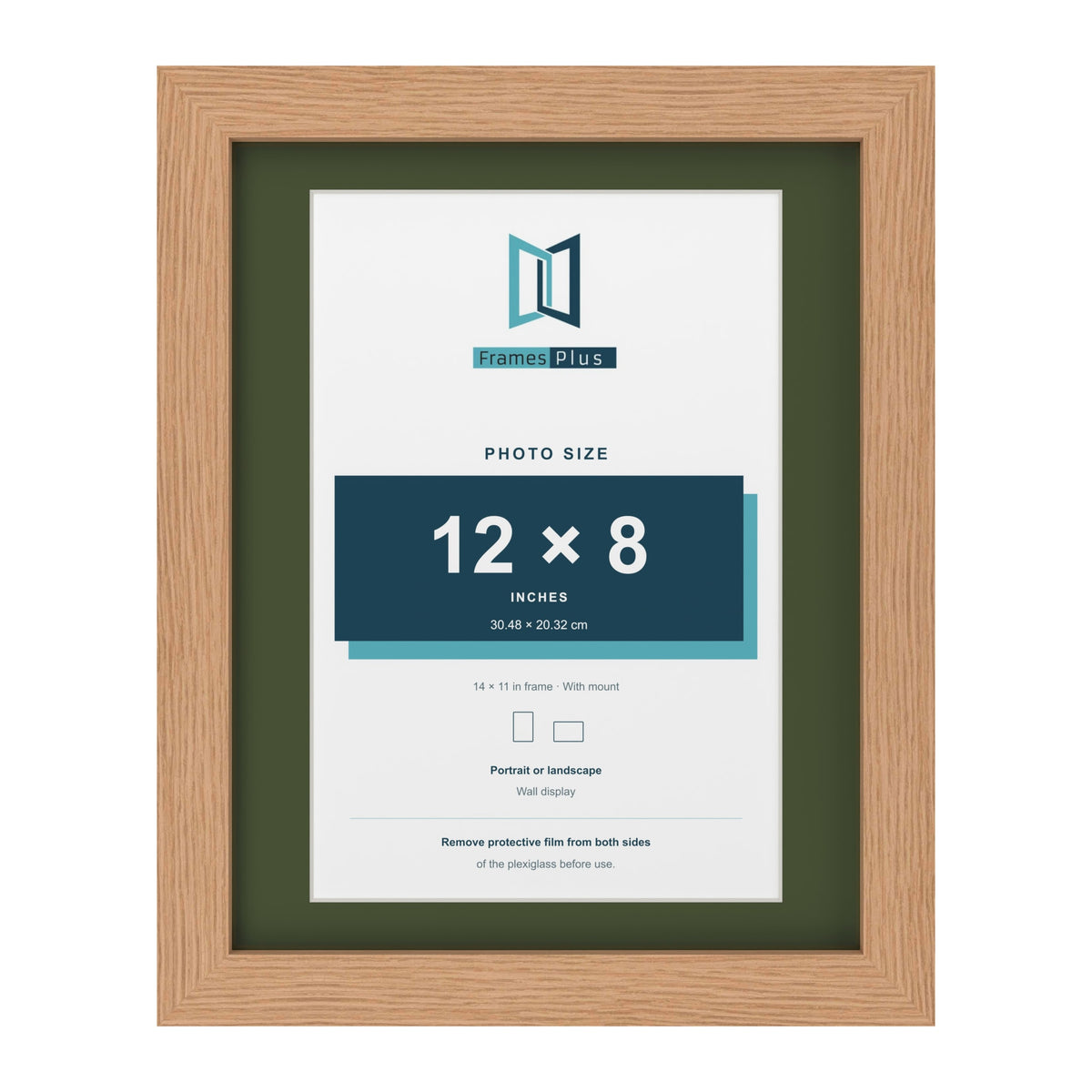 Oak 14 x 11 inch picture frame with a green mount for a 12 x 8 inch photo
