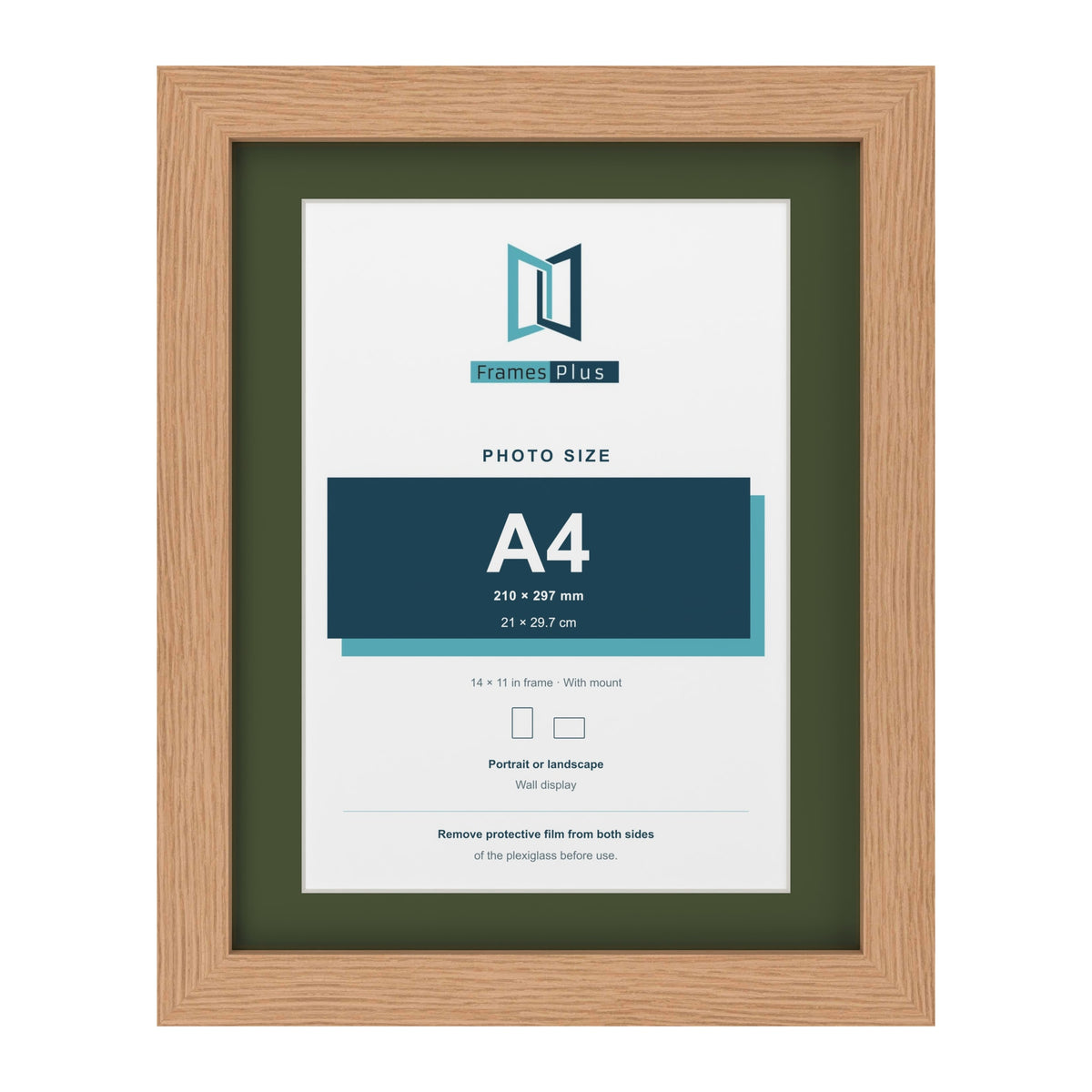 Oak 14 x 11 inch picture frame with a green mount for an A4 photo