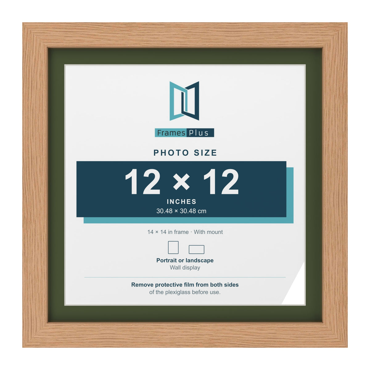 Oak 14 x 14 inch picture frame with a green mount for a 12 x 12 inch photo