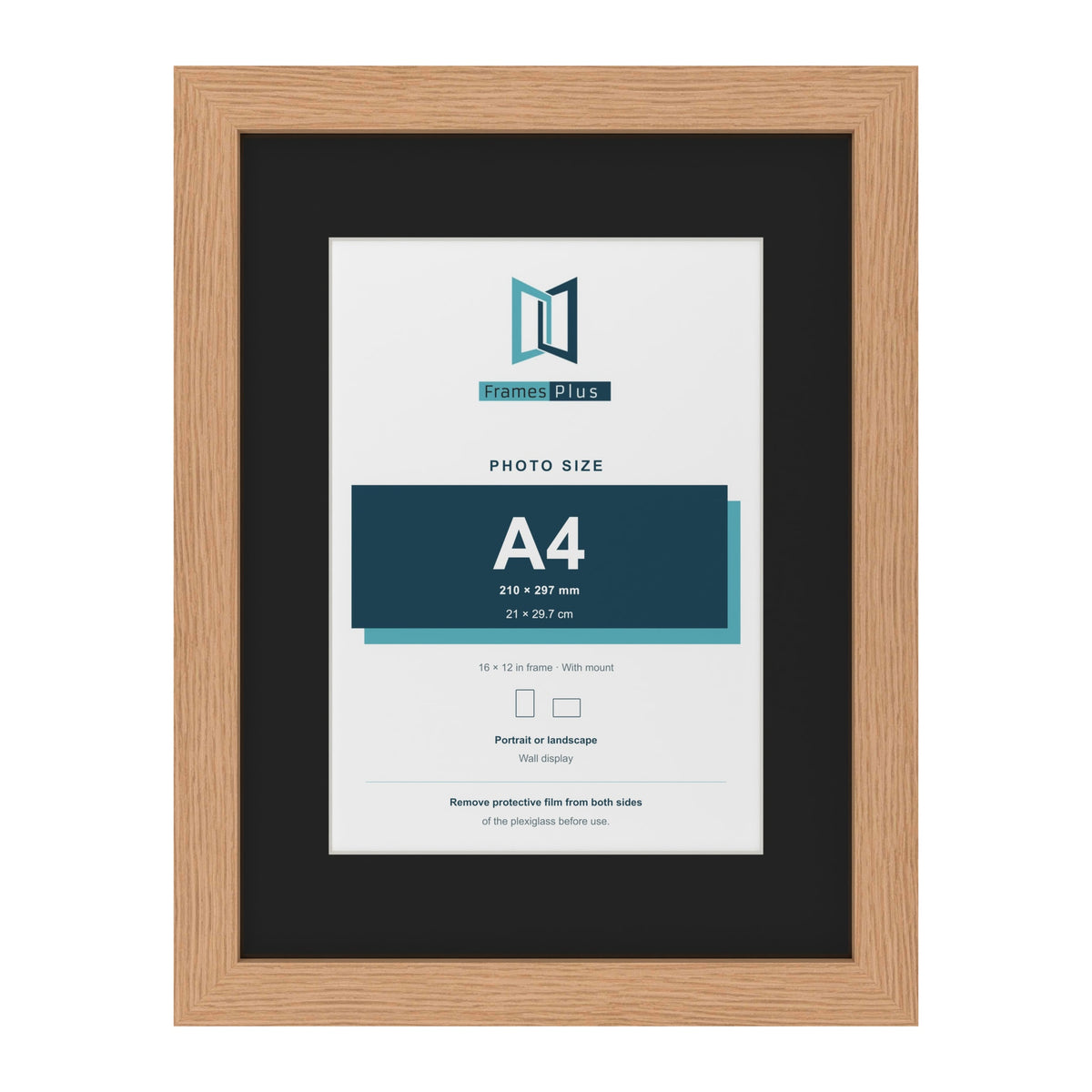 Oak 16 x 12 inch picture frame with a black mount for an A4 photo