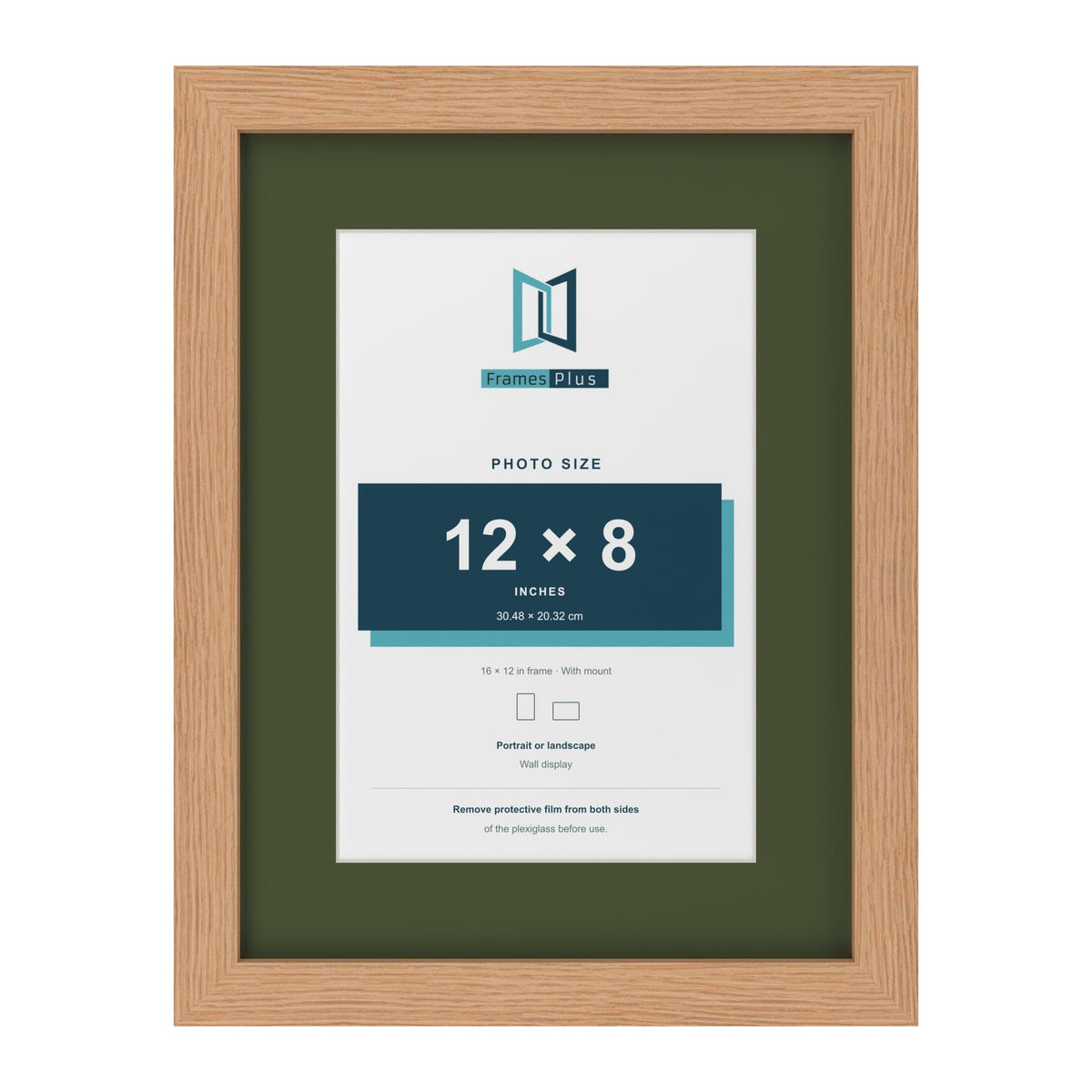 Oak 16 x 12 inch picture frame with a green mount for a 12 x 8 inch photo