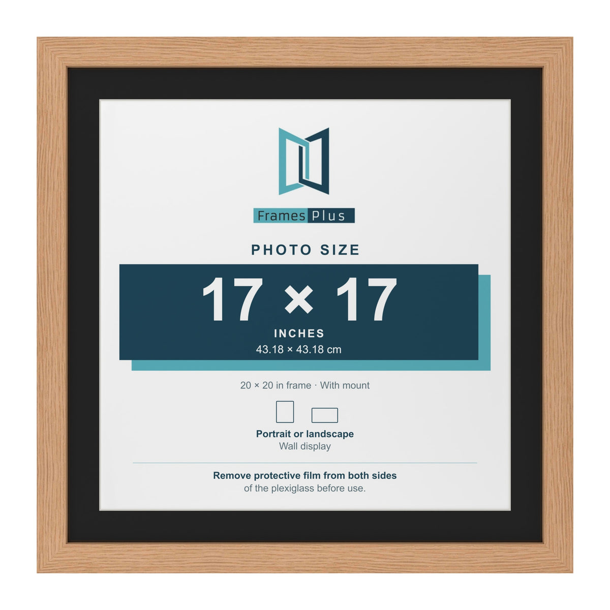 Oak 20 x 20 inch picture frame with a black mount for a 17 x 17 inch photo