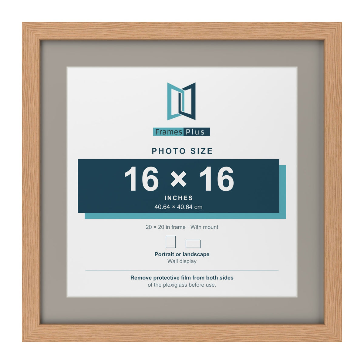 Oak 20 x 20 inch picture frame with a Dawn Grey mount for a 16 x 16 inch photo
