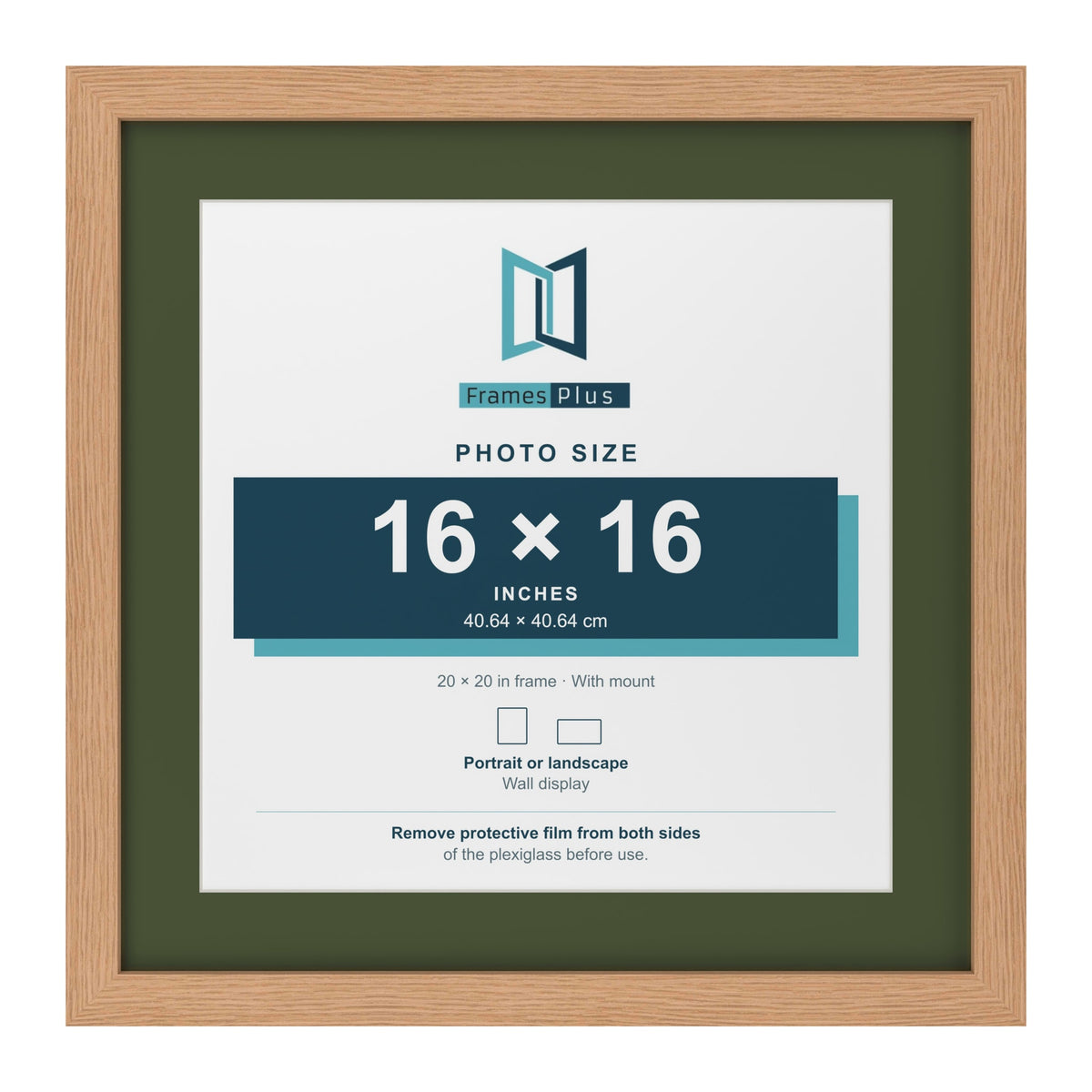 Oak 20 x 20 inch picture frame with a green mount for a 16 x 16 inch photo