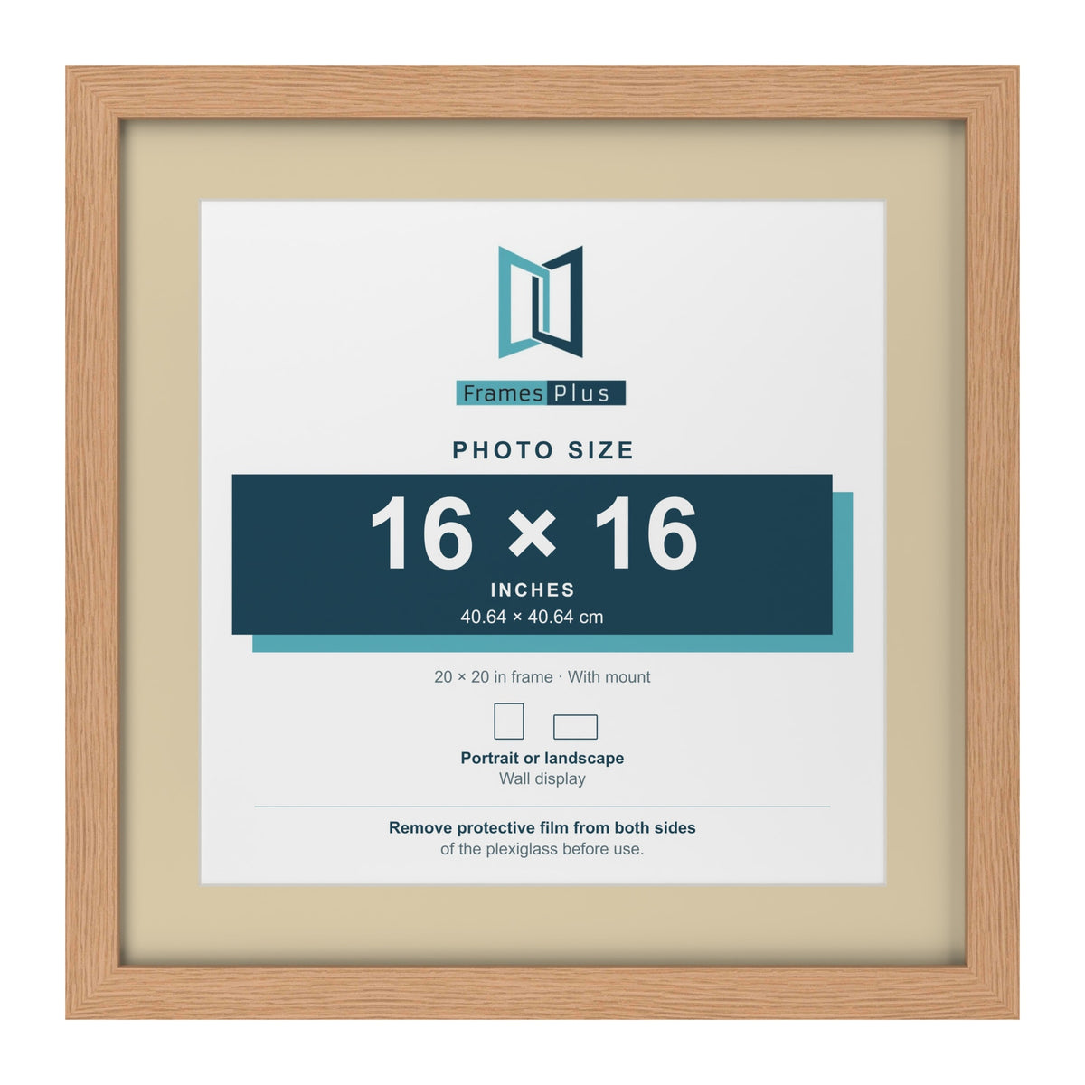 Oak 20 x 20 inch picture frame with an ivory mount for a 16 x 16 inch photo