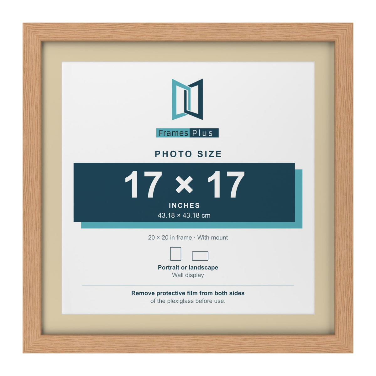 Oak 20 x 20 inch picture frame with an ivory mount for a 17 x 17 inch photo