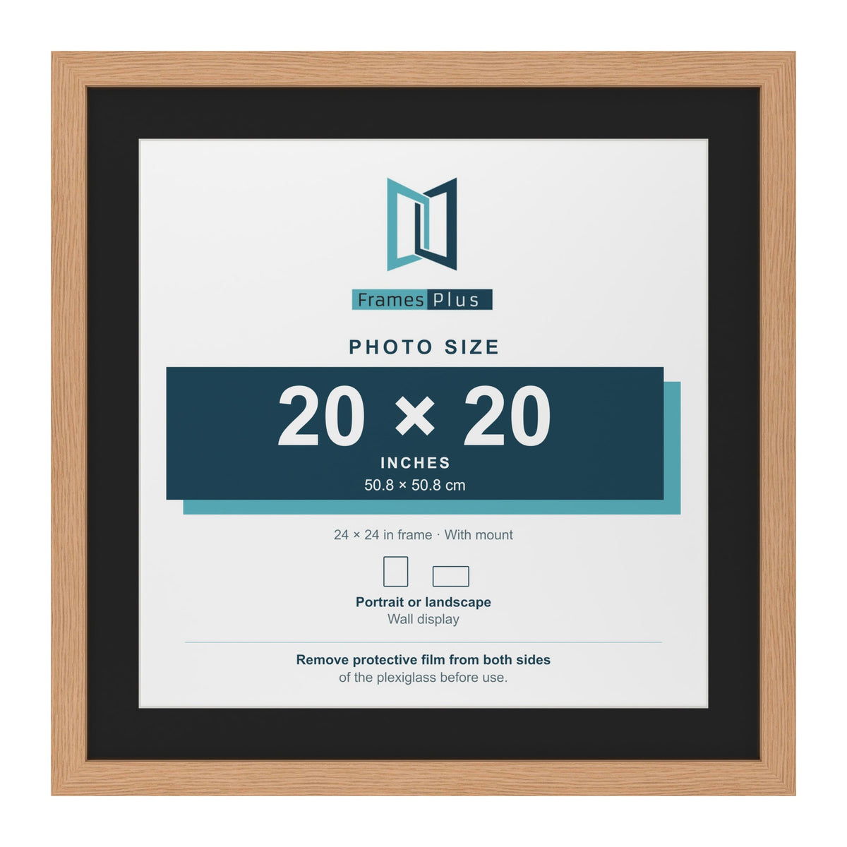Oak 24 x 24 inch picture frame with a black mount for a 20 x 20 inch photo