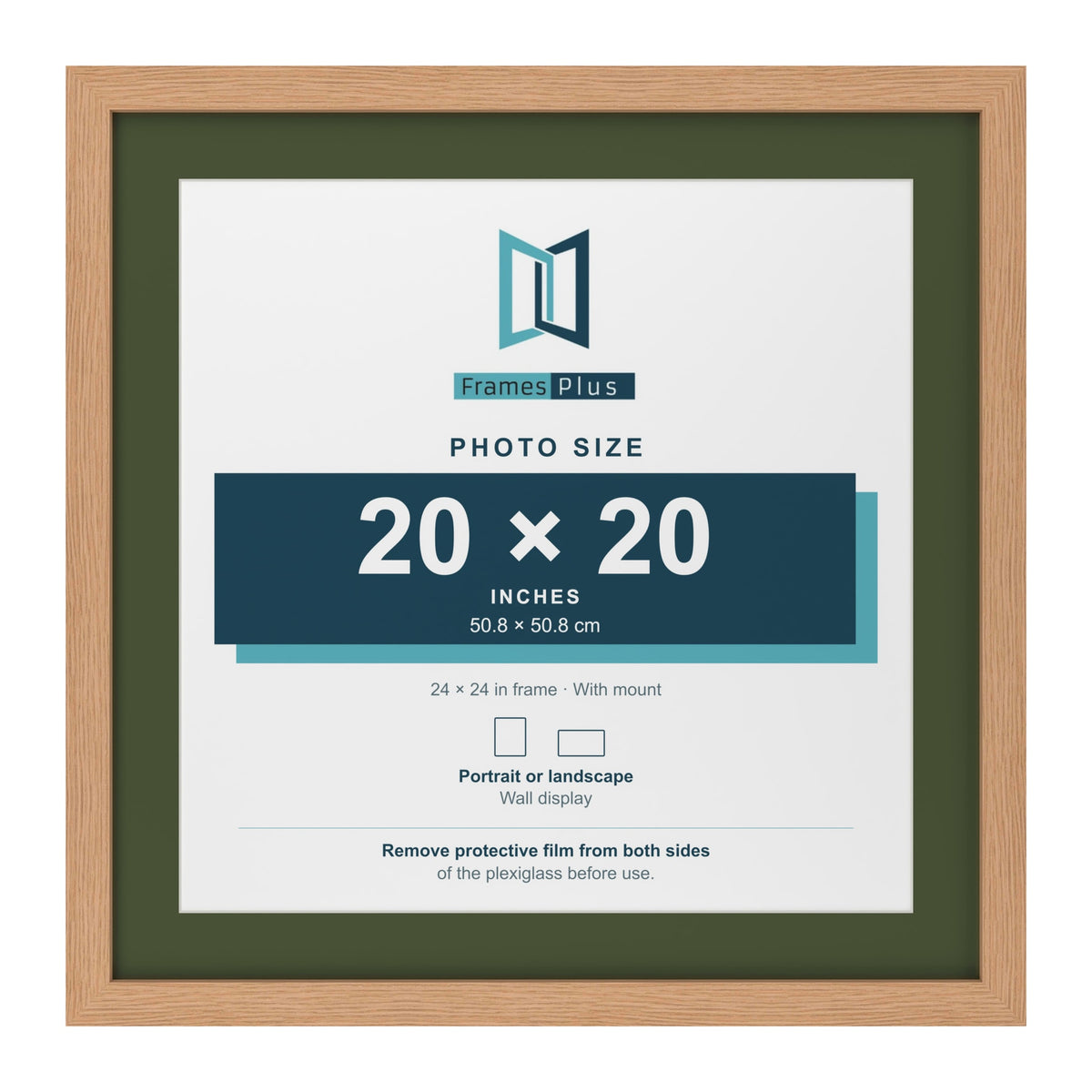 Oak 24 x 24 inch picture frame with a green mount for a 20 x 20 inch photo
