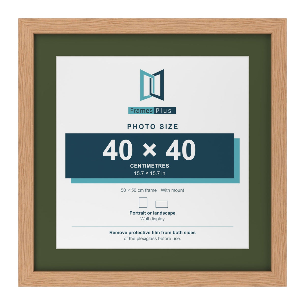 Oak 50 x 50 cm picture frame with a green mount for a 40 x 40 cm photo