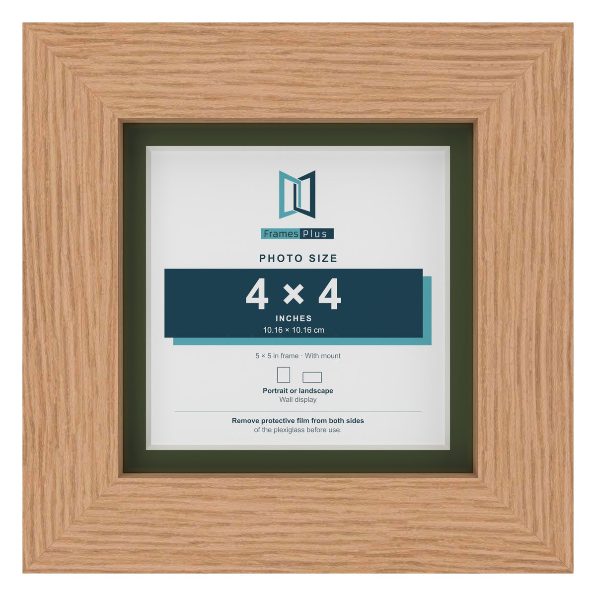 Oak 5 x 5 inch picture frame with a green mount for a 4 x 4 inch photo