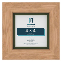Oak 5 x 5 inch picture frame with a green mount for a 4 x 4 inch photo