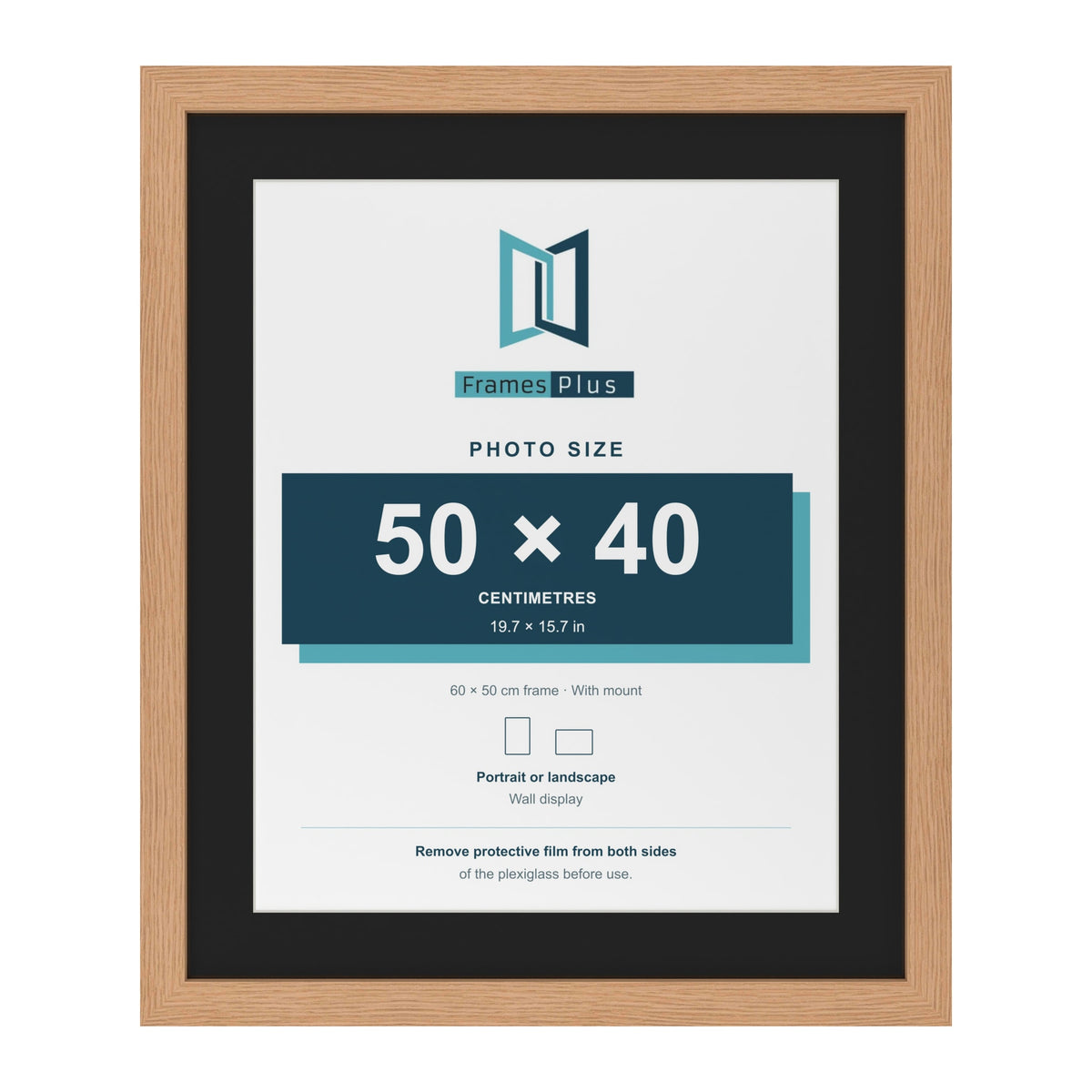 Oak 60 x 50 cm picture frame with a black mount for a 50 x 40 cm photo