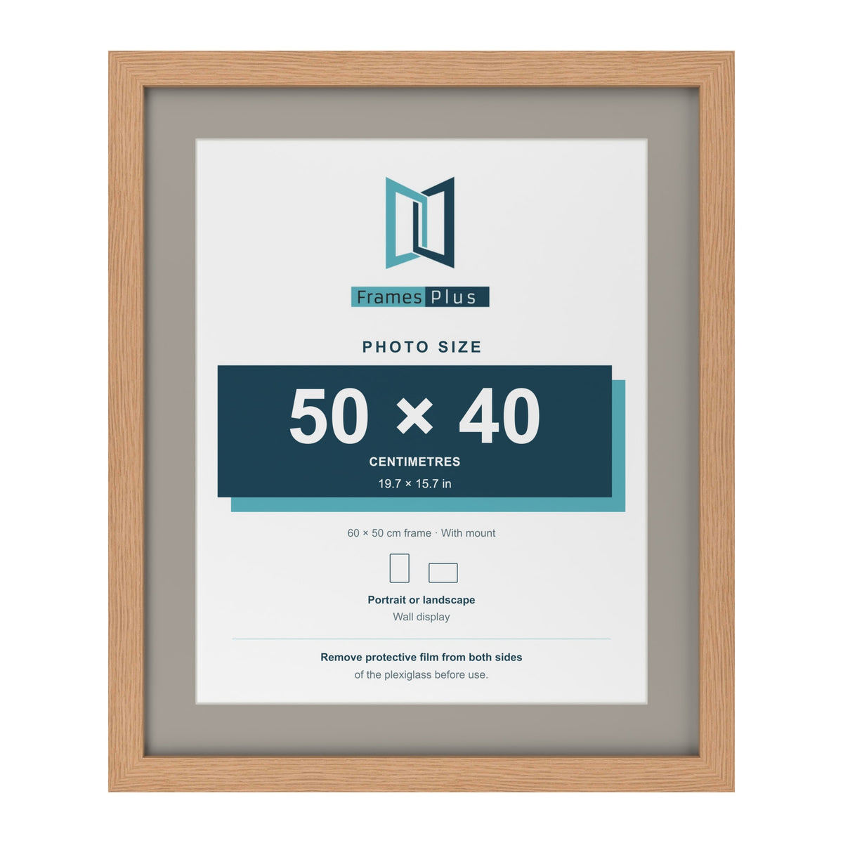 Oak 60 x 50 cm picture frame with a Dawn Grey mount for a 50 x 40 cm photo