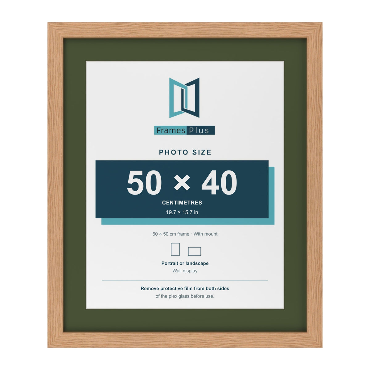 Oak 60 x 50 cm picture frame with a green mount for a 50 x 40 cm photo