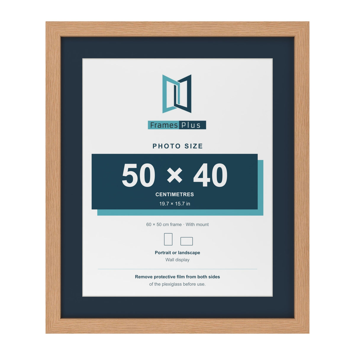 Oak 60 x 50 cm picture frame with a Pacific Blue mount for a 50 x 40 cm photo