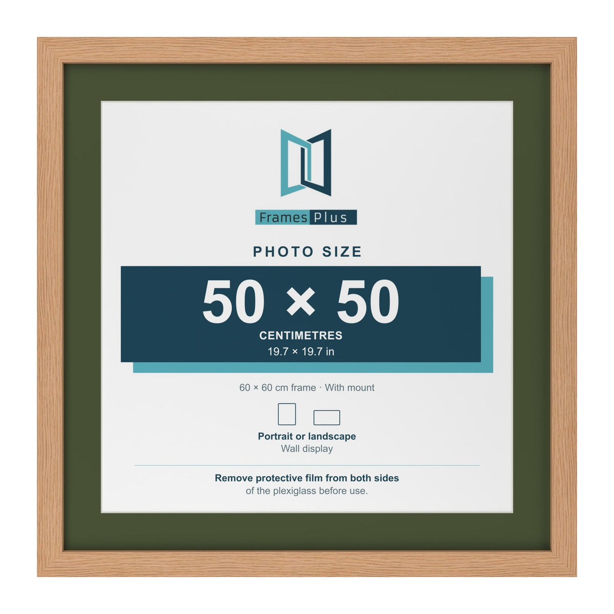 Oak 60 x 60 cm picture frame with a green mount for a 50 x 50 cm photo
