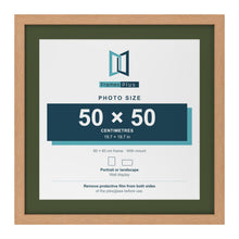 Oak 60 x 60 cm picture frame with a green mount for a 50 x 50 cm photo