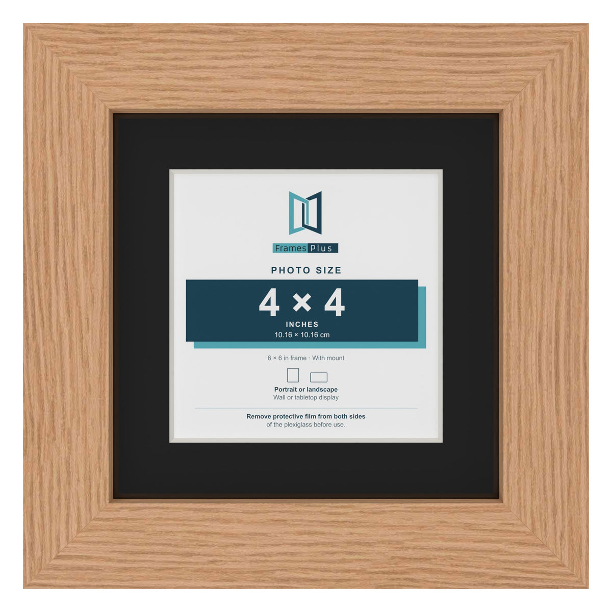 Oak 6 x 6 inch picture frame with a black mount for a 4 x 4 inch photo