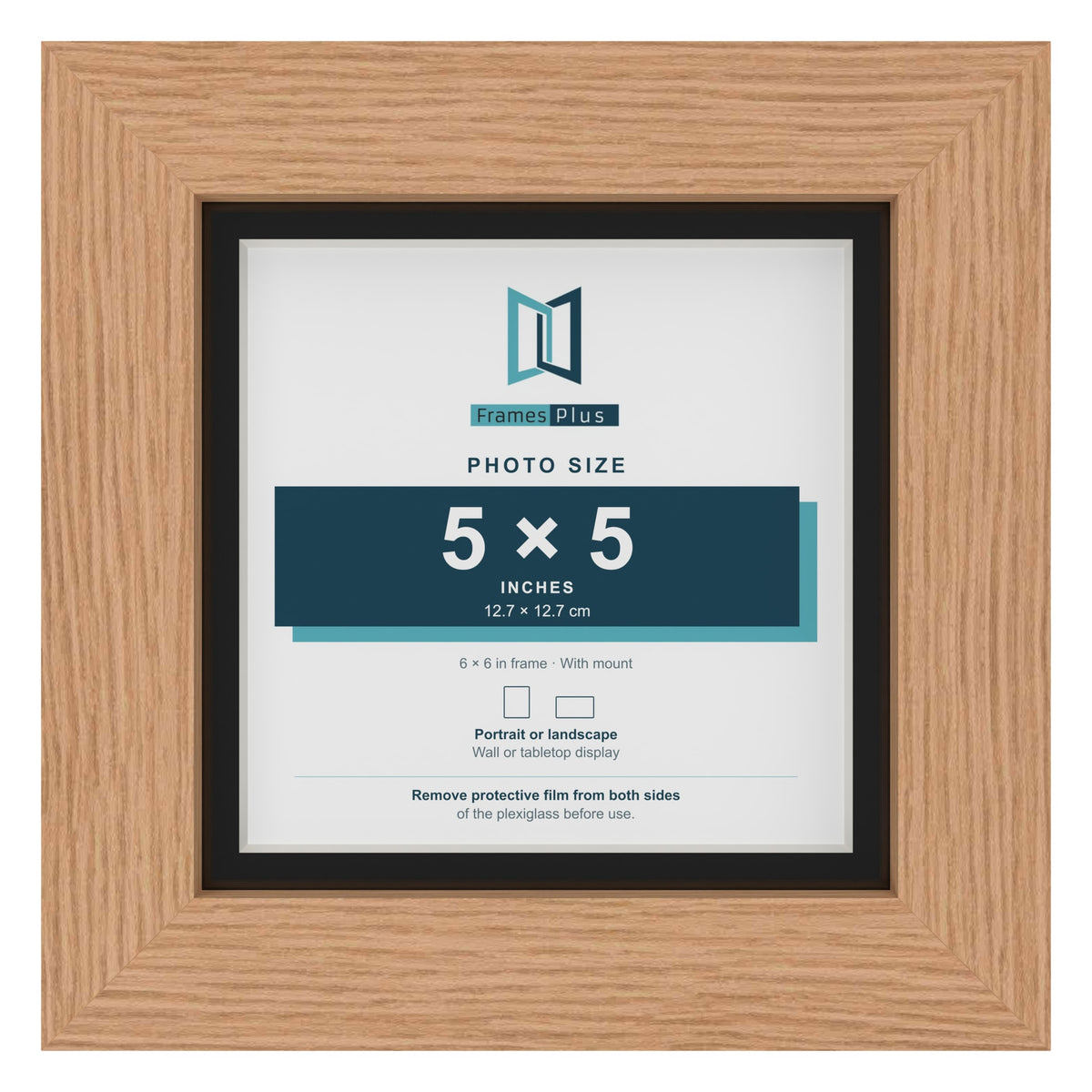 Oak 6 x 6 inch picture frame with a black mount for a 5 x 5 inch photo