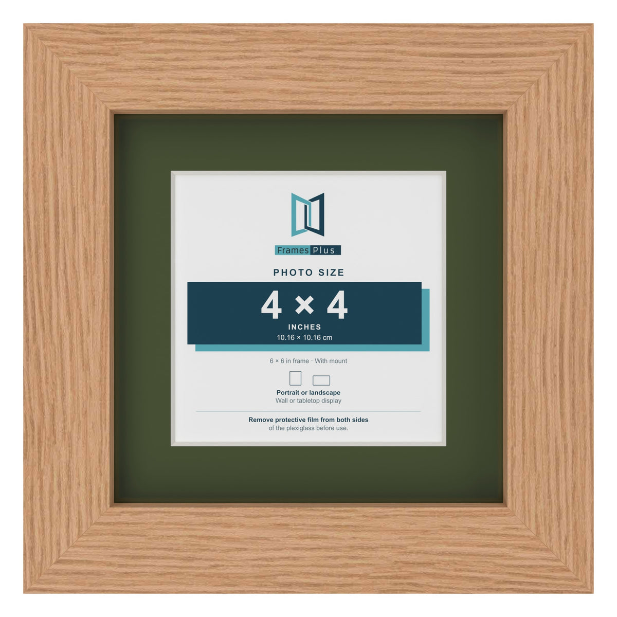 Oak 6 x 6 inch picture frame with a green mount for a 4 x 4 inch photo