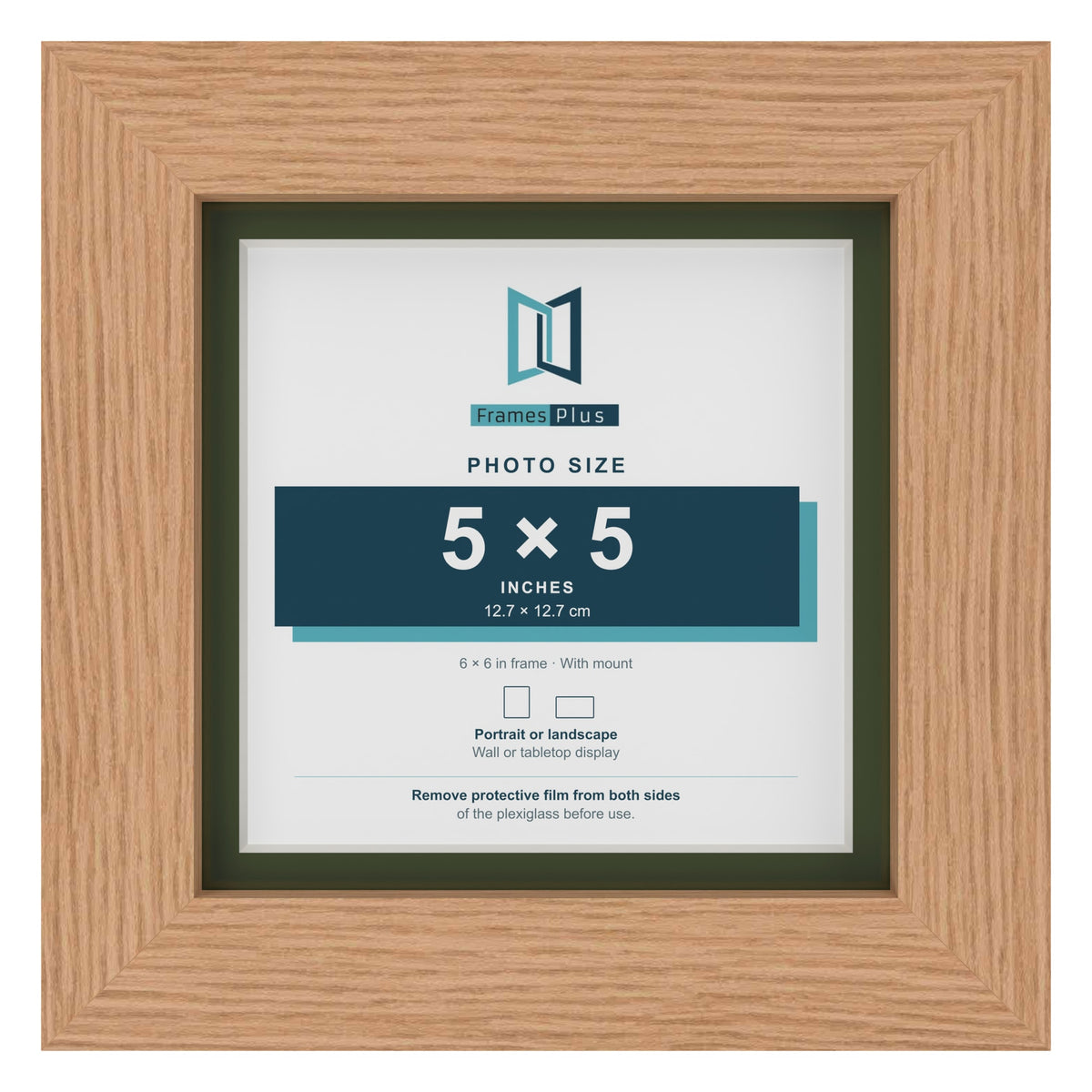 Oak 6 x 6 inch picture frame with a green mount for a 5 x 5 inch photo