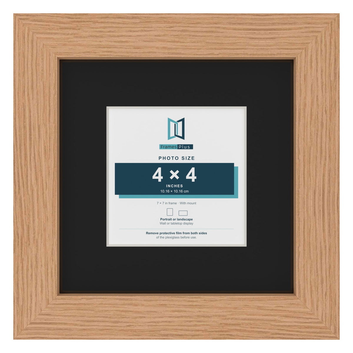 Oak 7 x 7 inch picture frame with a black mount for a 4 x 4 inch photo