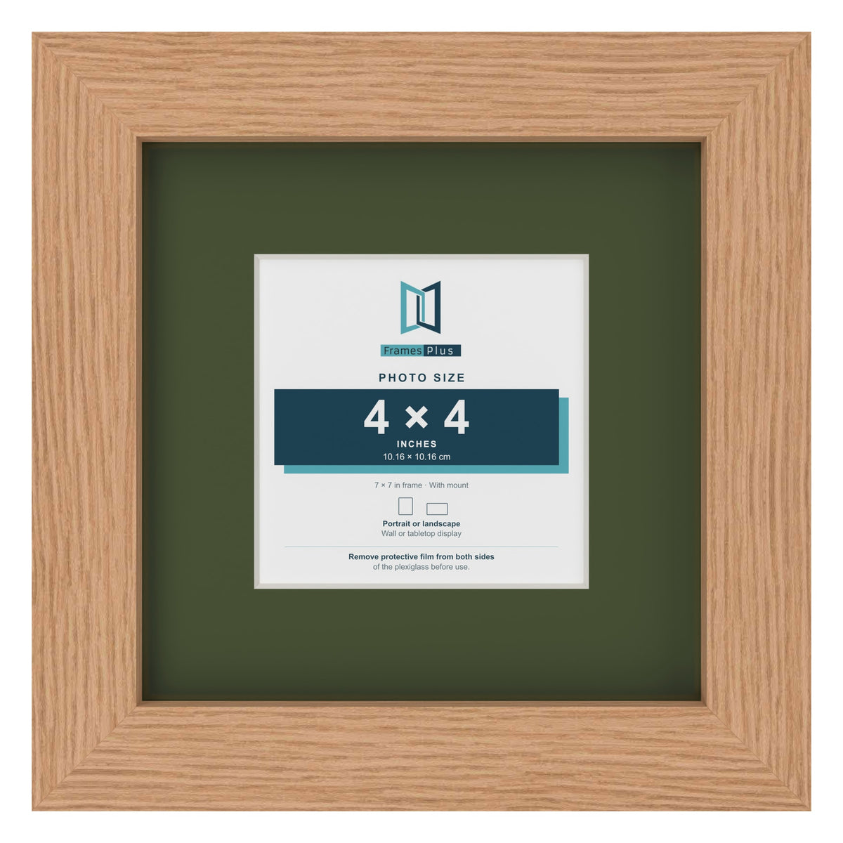 Oak 7 x 7 inch picture frame with a green mount for a 4 x 4 inch photo