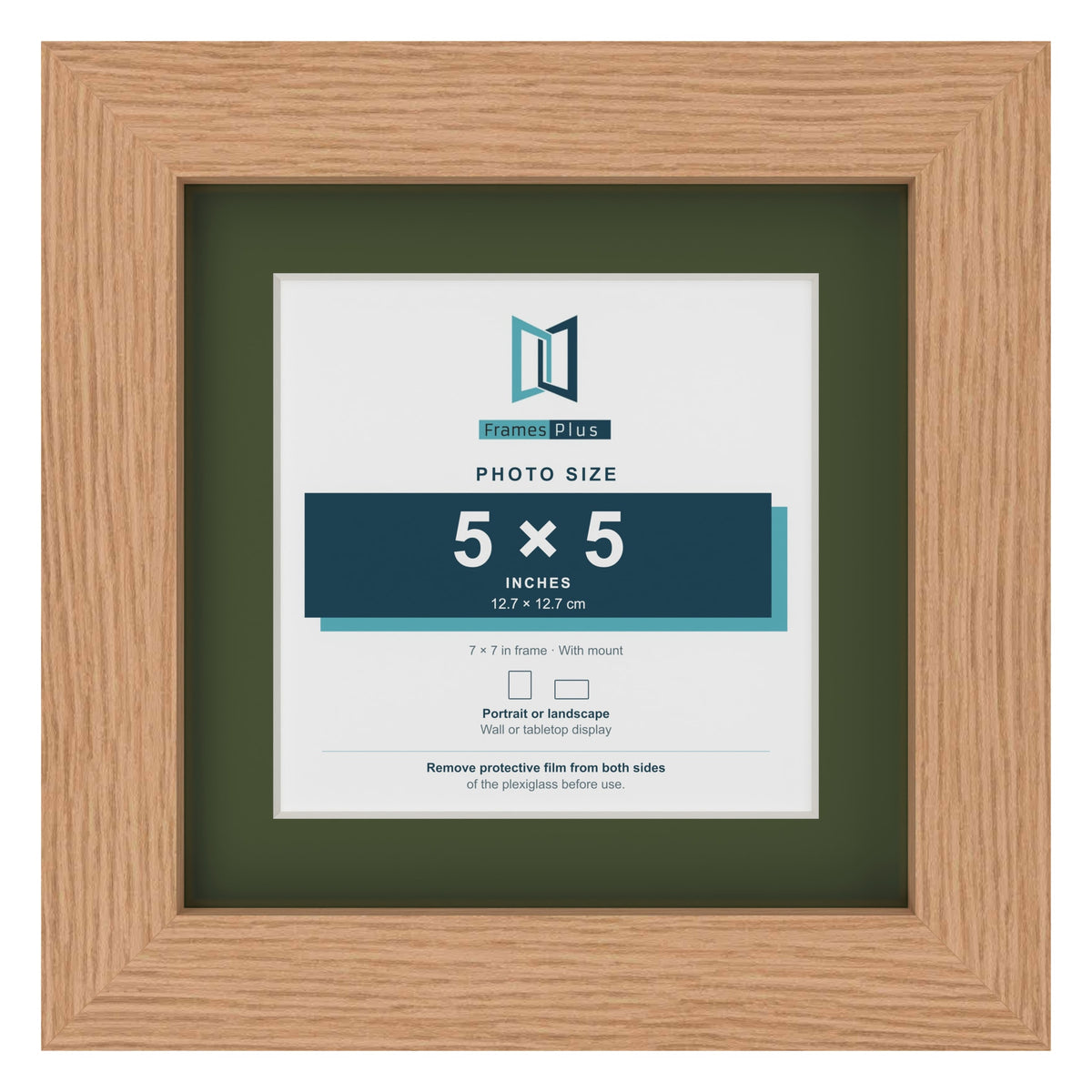 Oak 7 x 7 inch picture frame with a green mount for a 5 x 5 inch photo