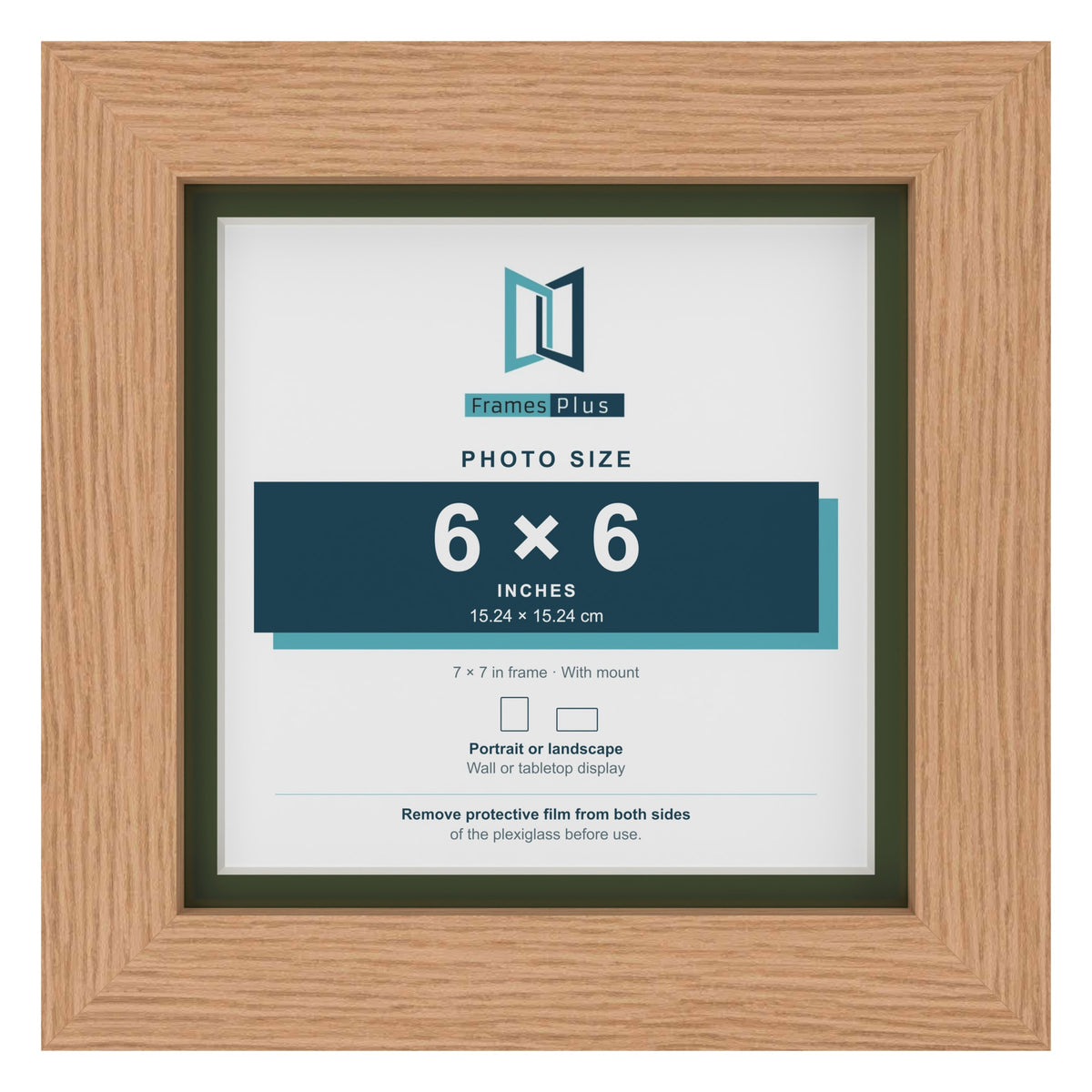 Oak 7 x 7 inch picture frame with a green mount for a 6 x 6 inch photo