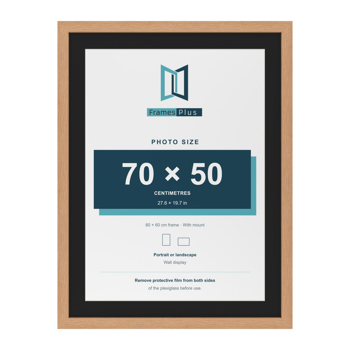 Oak 80 x 60 cm picture frame with a black mount for a 70 x 50 cm photo