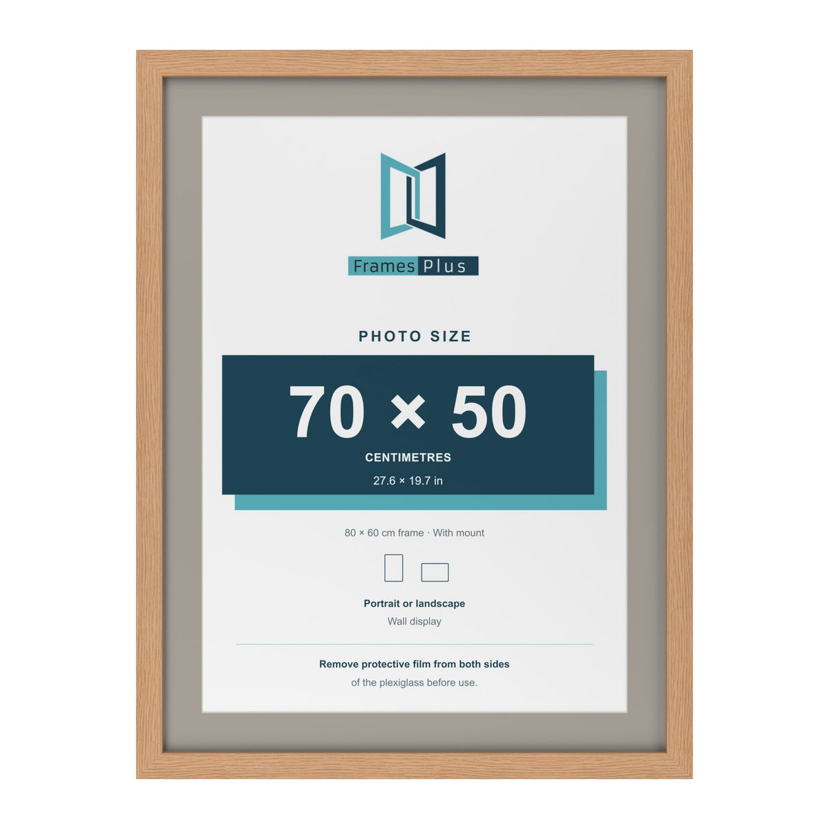 Oak 80 x 60 cm picture frame with a Dawn Grey mount for a 70 x 50 cm photo