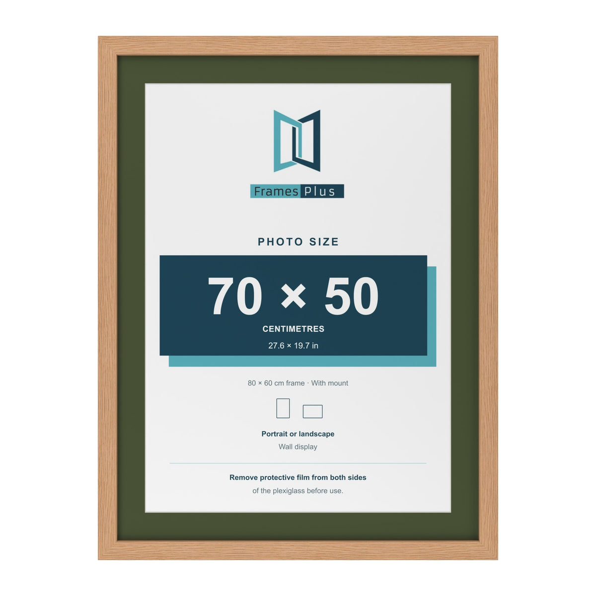 Oak 80 x 60 cm picture frame with a green mount for a 70 x 50 cm photo
