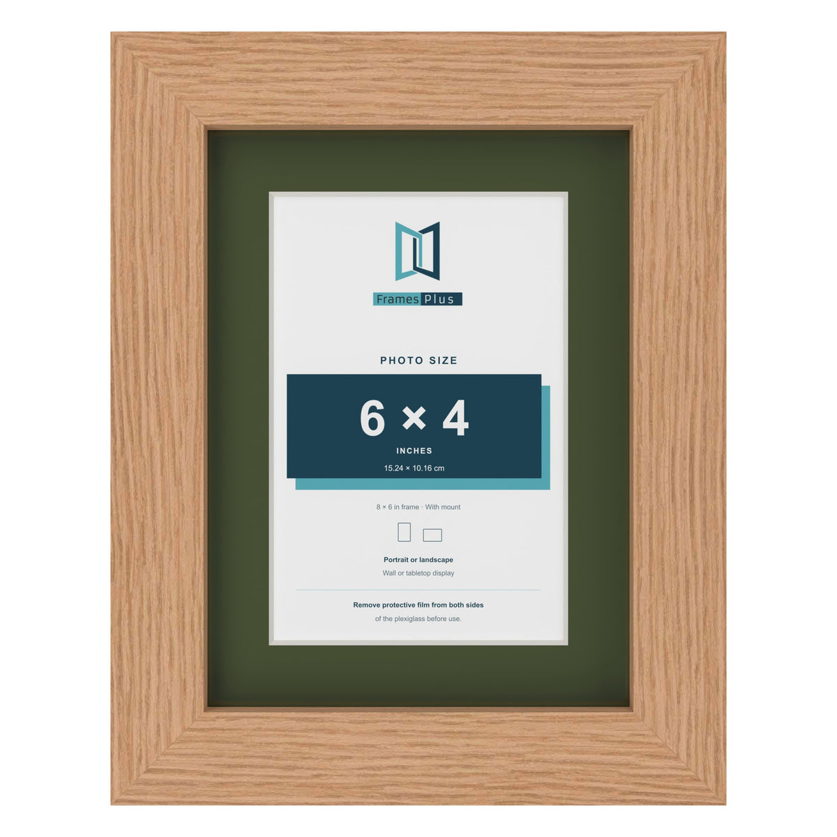 Oak 8 x 6 inch picture frame with a green mount for a 6 x 4 inch photo