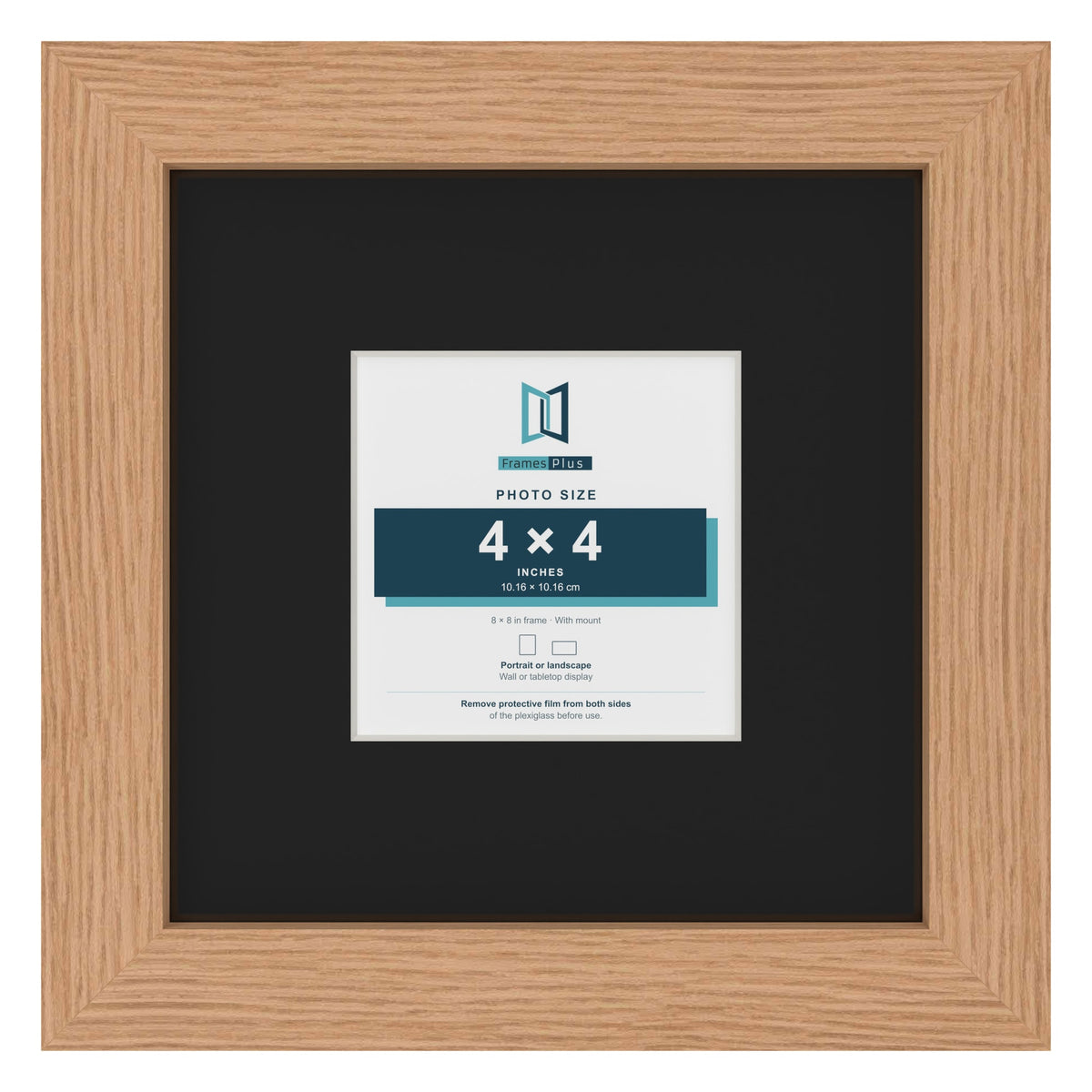 Oak 8 x 8 inch picture frame with a black mount for a 4 x 4 inch photo