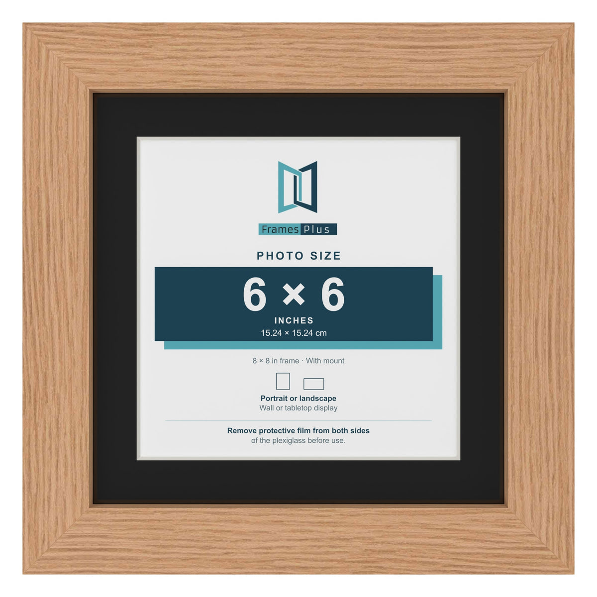 Oak 8 x 8 inch picture frame with a black mount for a 6 x 6 inch photo
