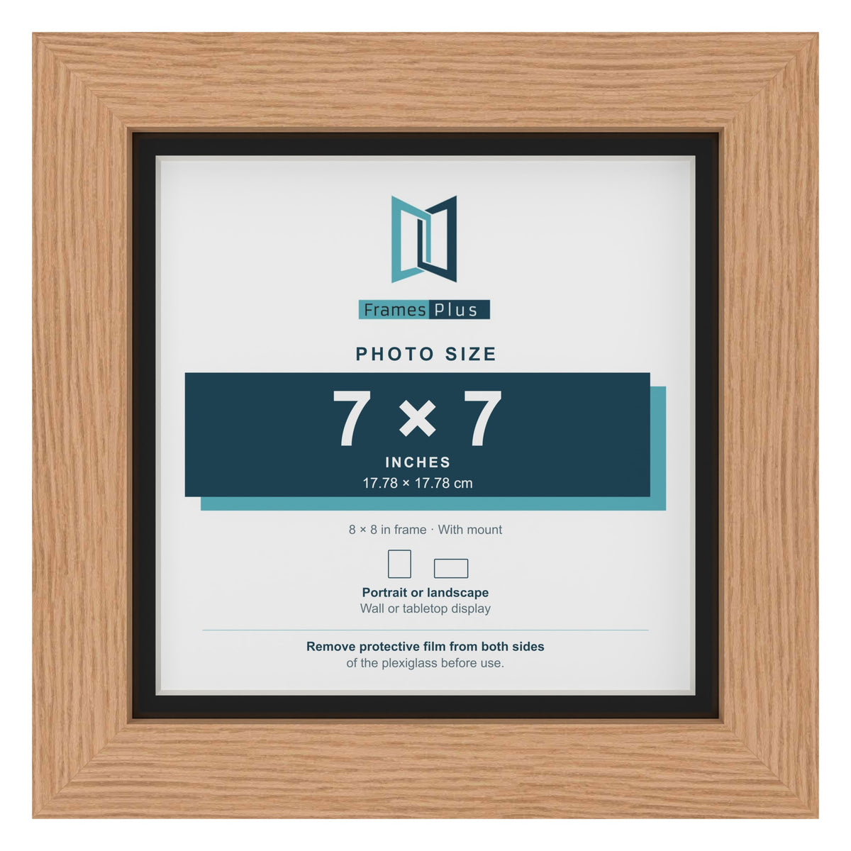 Oak 8 x 8 inch picture frame with a black mount for a 7 x 7 inch photo