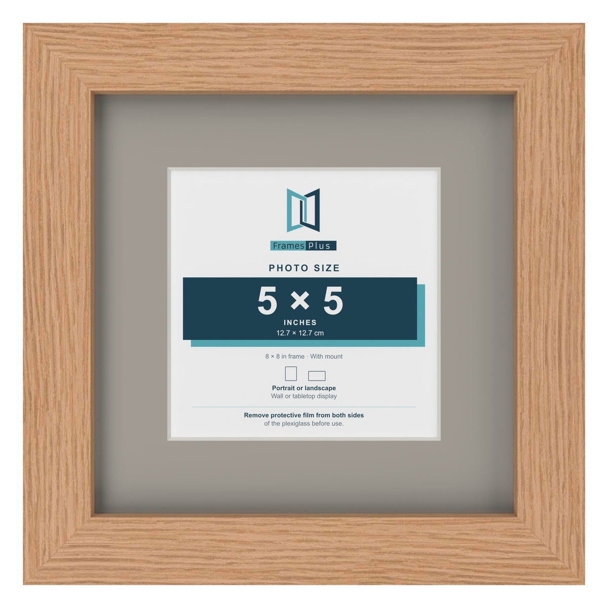 Oak 8 x 8 inch picture frame with a Dawn Grey mount for a 5 x 5 inch photo