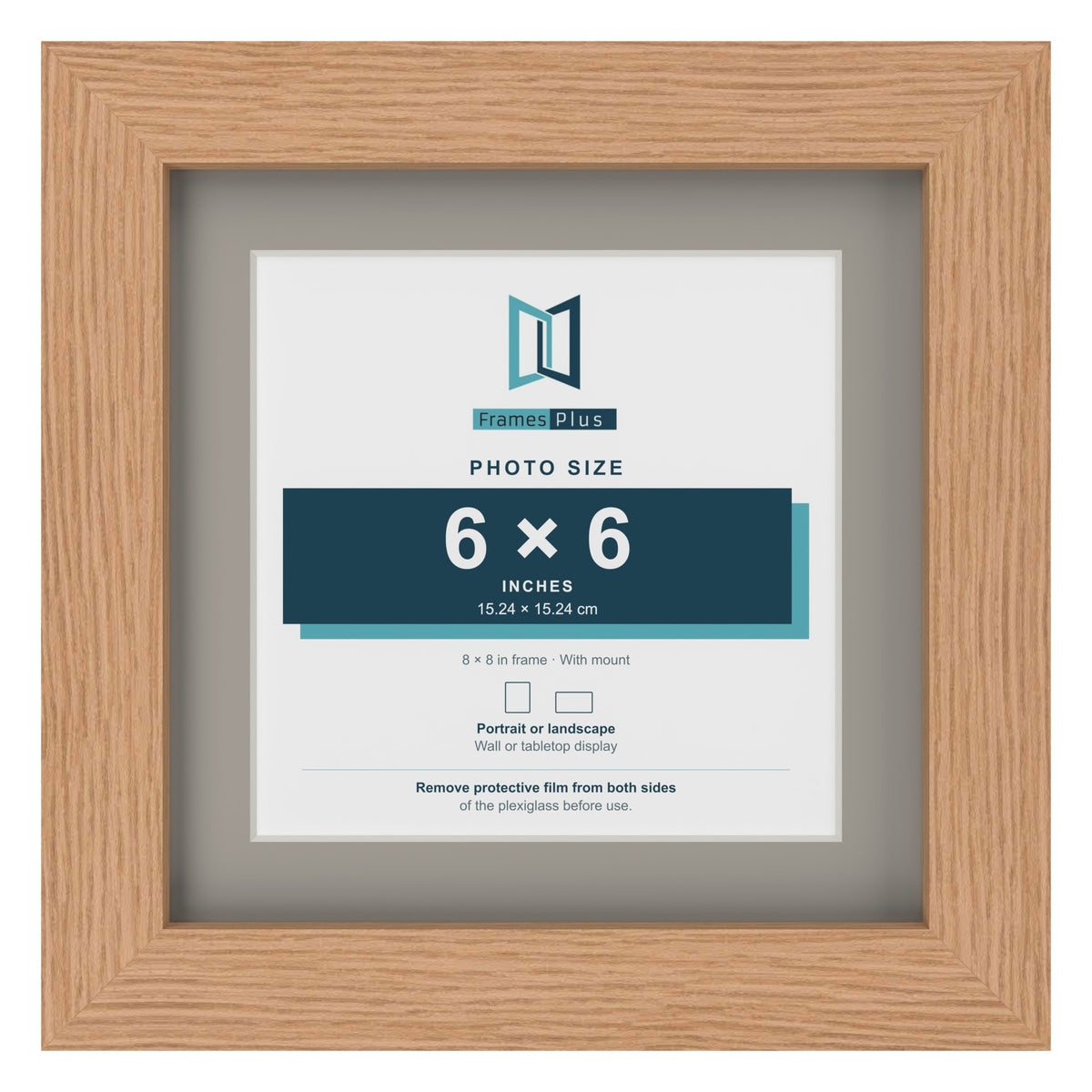 Oak 8 x 8 inch picture frame with a Dawn Grey mount for a 6 x 6 inch photo
