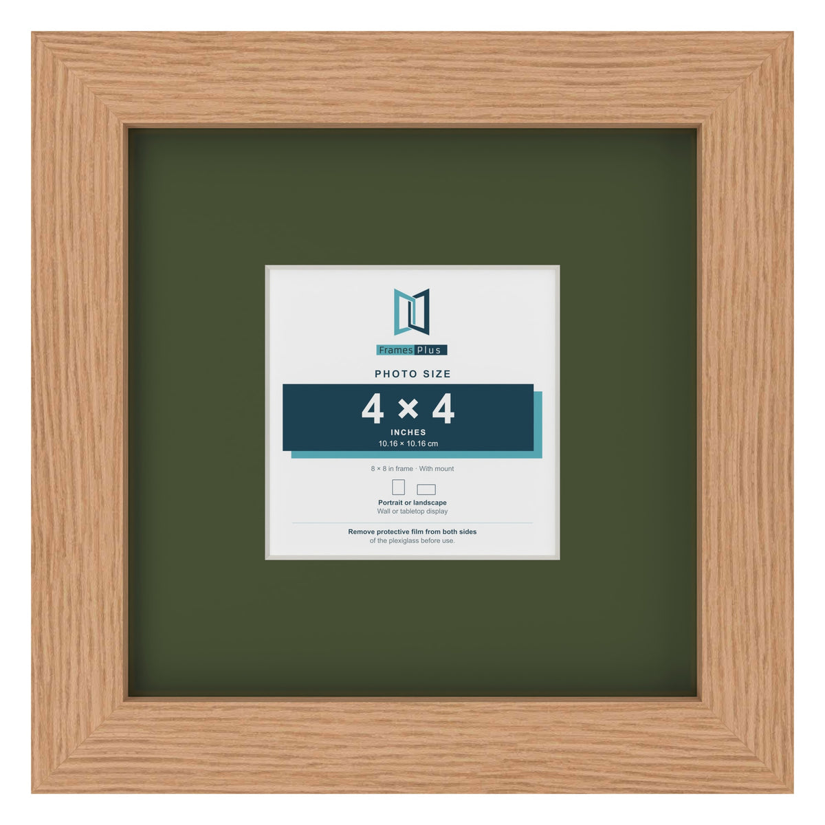 Oak 8 x 8 inch picture frame with a green mount for a 4 x 4 inch photo