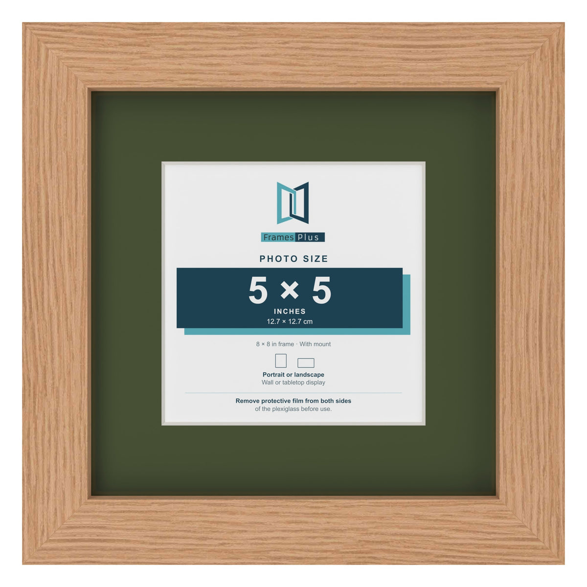 Oak 8 x 8 inch picture frame with a green mount for a 5 x 5 inch photo